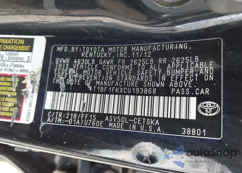 2012 Toyota Camry Se Limited Edition из США, поврежденный, VIN 4T1BF1FKXCU193868